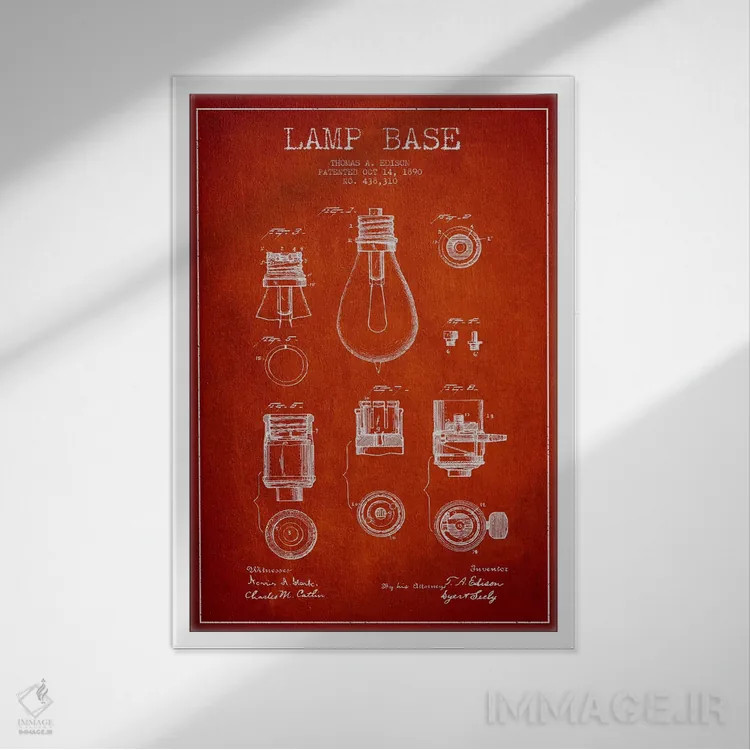 تابلو نقشهٔ اختراع پایه لامپ (قرمز) اثر پیکسل کهنه (استودیو/نام هنری) - نمای قابدار سفید