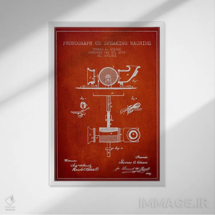 تابلو نقشهٔ اختراع گرامافون (قرمز) اثر پیکسل کهنه (استودیو/نام هنری) - نمای قابدار سفید