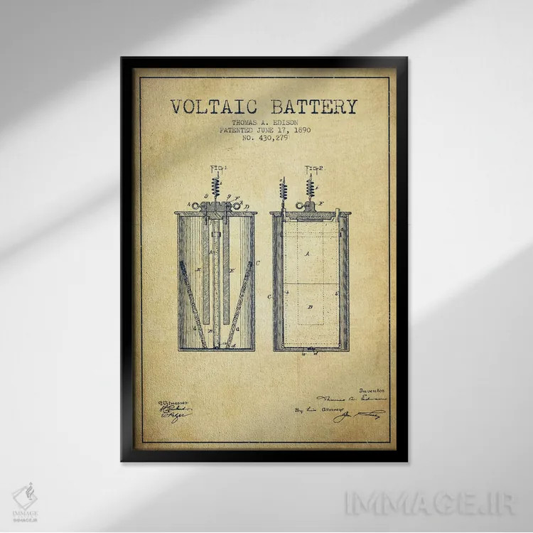 تابلو نقشهٔ اختراع باتری ولتایی (قدیمی) اثر پیکسل کهنه (استودیو/نام هنری) - نمای قابدار مشکی