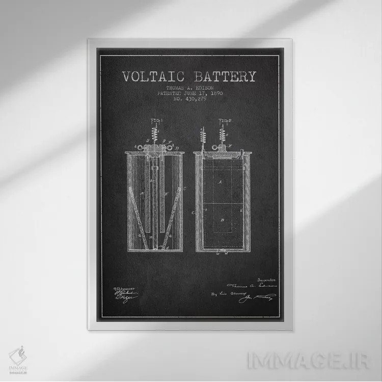 تابلو نقشهٔ اختراع باتری ولتایی (ذغالی) اثر پیکسل کهنه (استودیو/نام هنری) - نمای قابدار سفید