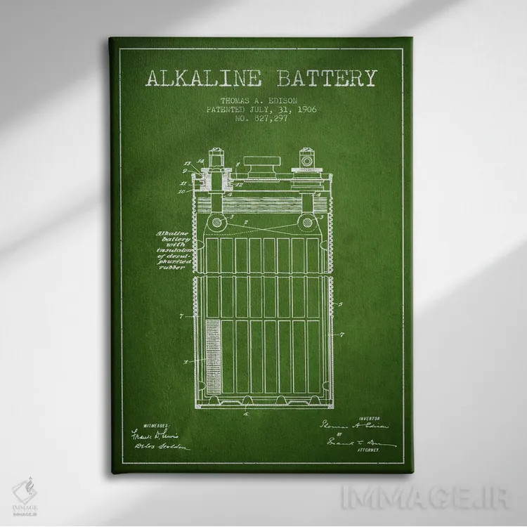 تابلو نقشهٔ اختراع باتری قلیایی (سبز) اثر پیکسل کهنه (استودیو/نام هنری) - نمای روبهرو روی دیوار