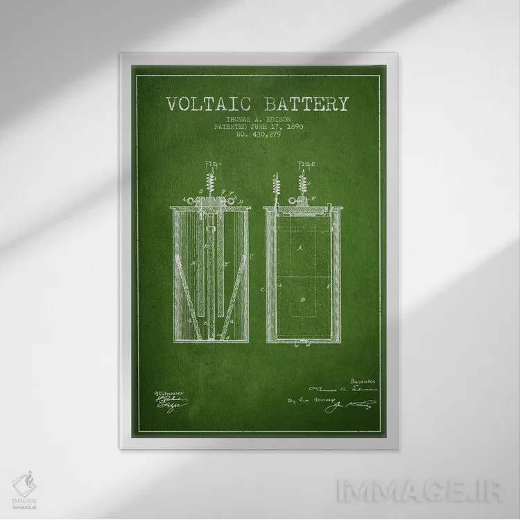 تابلو نقشهٔ اختراع باتری ولتایی (سبز) اثر پیکسل کهنه (استودیو/نام هنری) - نمای قابدار سفید
