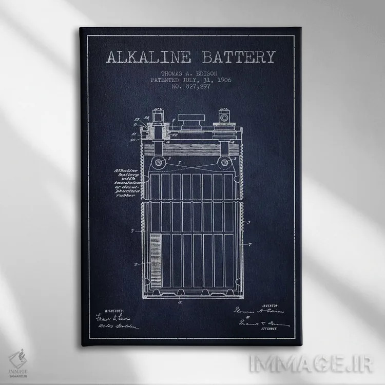 تابلو نقشهٔ اختراع باتری قلیایی (سرمهای) اثر پیکسل کهنه (استودیو/نام هنری) - نمای روبهرو روی دیوار