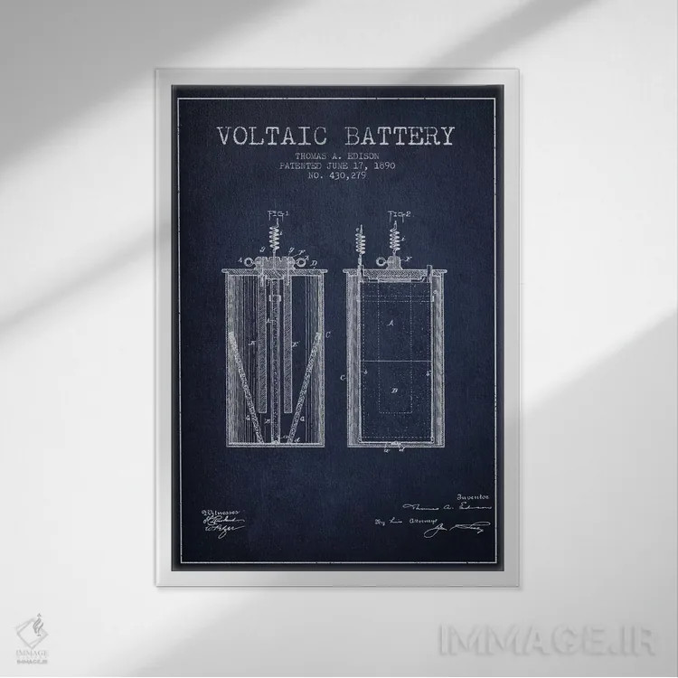 تابلو نقشهٔ اختراع باتری ولتایی (سرمهای) اثر پیکسل کهنه (استودیو/نام هنری) - نمای قابدار سفید