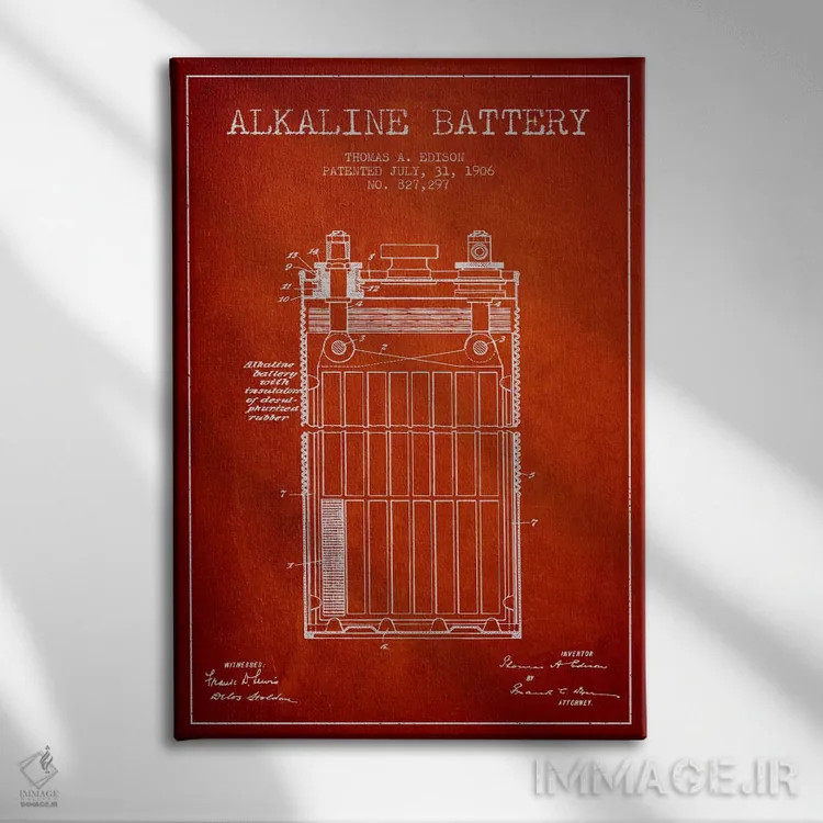 تابلو نقشهٔ اختراع باتری قلیایی (قرمز) اثر پیکسل کهنه (استودیو/نام هنری) - نمای روبهرو روی دیوار