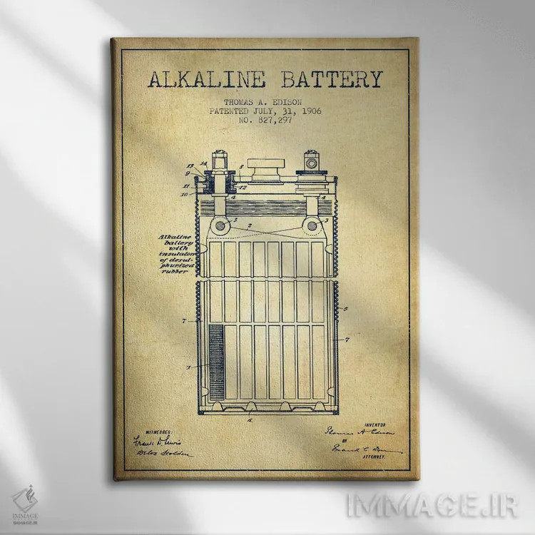 تابلو نقشهٔ اختراع باتری قلیایی (قدیمی) اثر پیکسل کهنه (استودیو/نام هنری) - نمای روبهرو روی دیوار