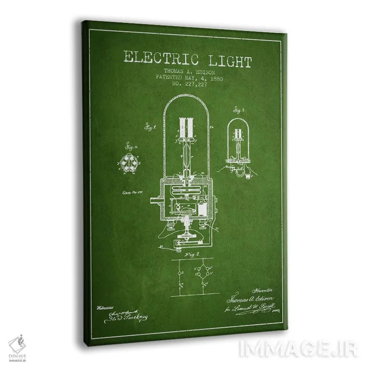 تابلو نقشهٔ اختراع چراغ الکتریکی (سبز) اثر پیکسل کهنه (استودیو/نام هنری) - نمای پرسپکتیو محصول