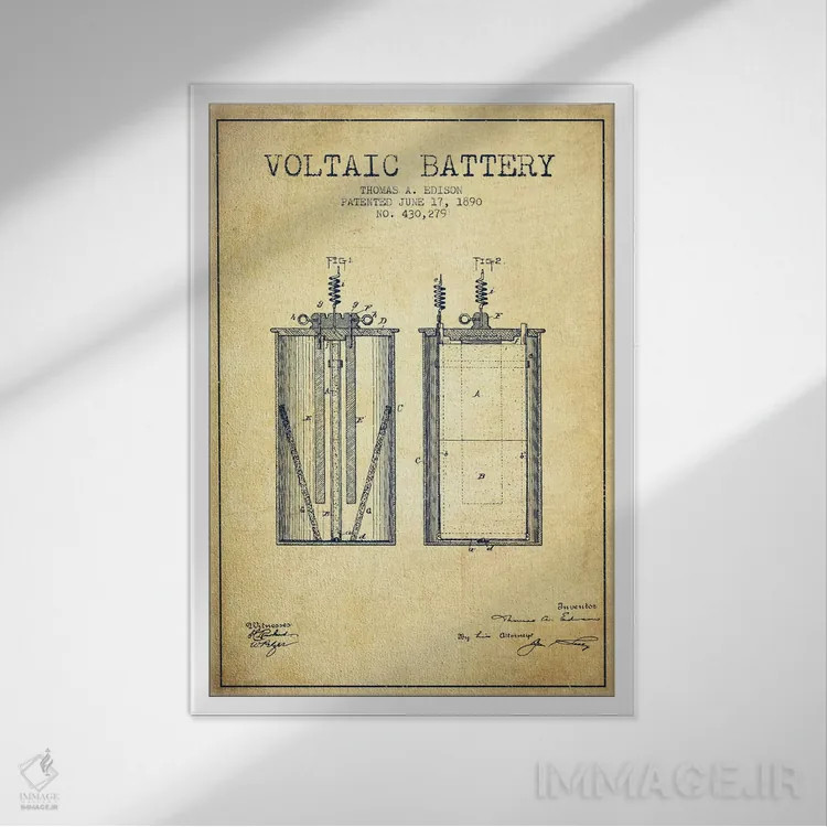 تابلو نقشهٔ اختراع باتری ولتایی (قدیمی) اثر پیکسل کهنه (استودیو/نام هنری) - نمای قابدار سفید