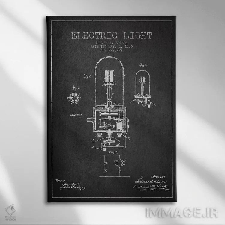 تابلو نقشهٔ اختراع چراغ الکتریکی (ذغالی) اثر پیکسل کهنه (استودیو/نام هنری) - نمای روبهرو روی دیوار