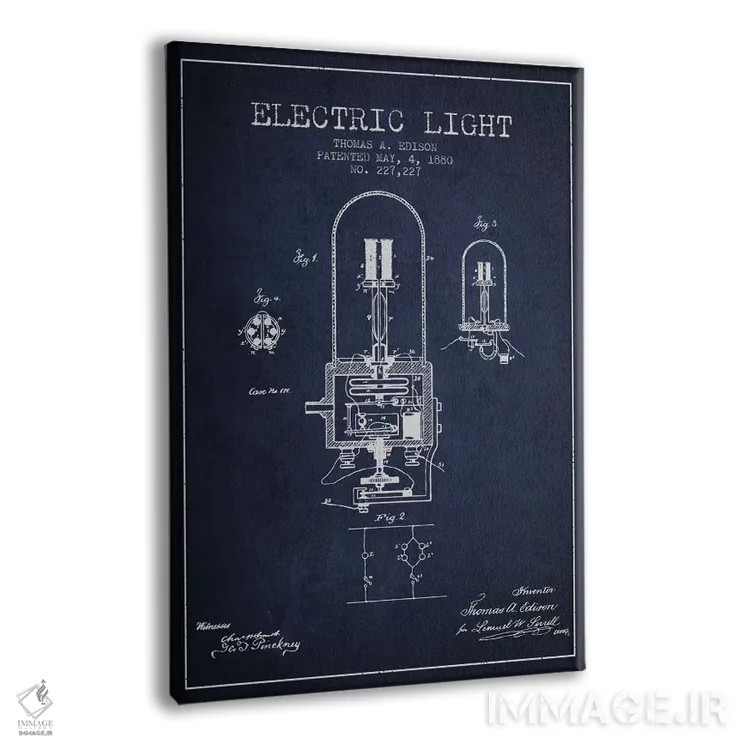 تابلو نقشهٔ اختراع چراغ الکتریکی (سرمهای) اثر پیکسل کهنه (استودیو/نام هنری) - نمای پرسپکتیو محصول