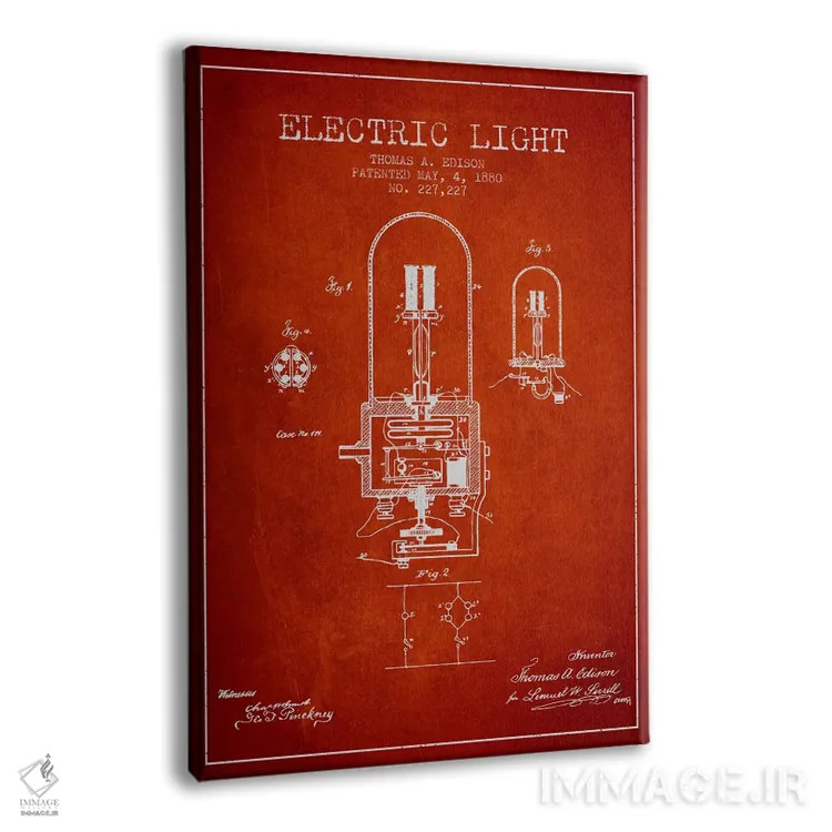 تابلو نقشهٔ اختراع چراغ الکتریکی (قرمز) اثر پیکسل کهنه (استودیو/نام هنری) - نمای پرسپکتیو محصول