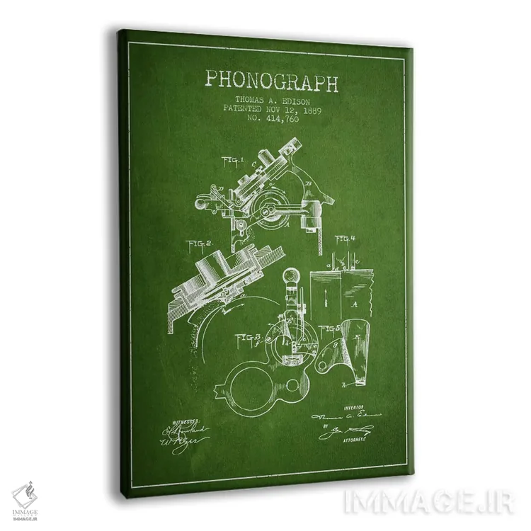 تابلو نقشهٔ اختراع فونوگراف (سبز) اثر پیکسل کهنه (استودیو/نام هنری) - نمای پرسپکتیو محصول