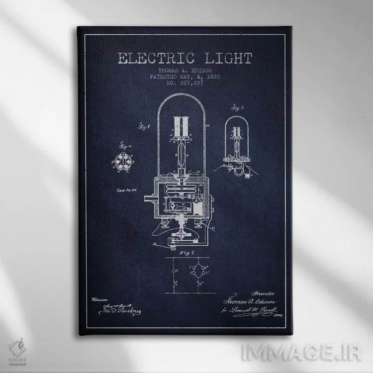تابلو نقشهٔ اختراع چراغ الکتریکی (سرمهای) اثر پیکسل کهنه (استودیو/نام هنری) - نمای روبهرو روی دیوار