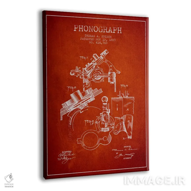 تابلو نقشهٔ اختراع فونوگراف (قرمز) اثر پیکسل کهنه (استودیو/نام هنری) - نمای پرسپکتیو محصول