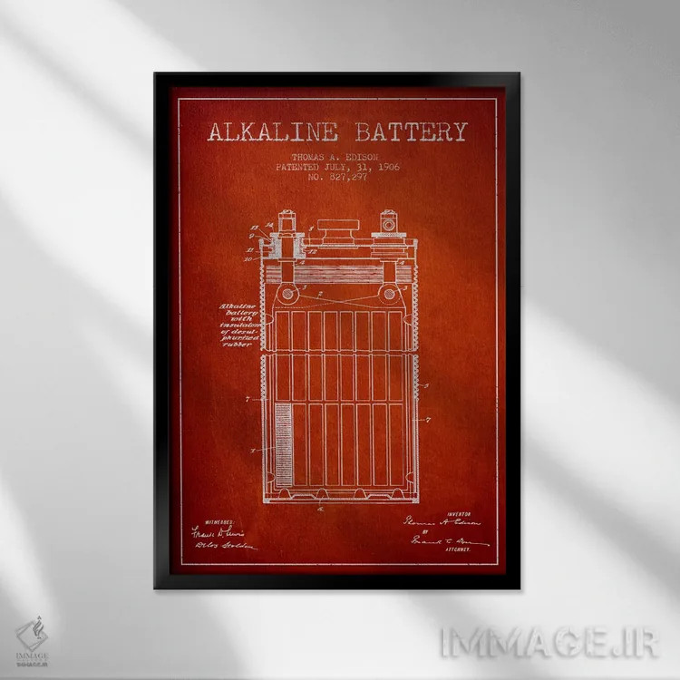 تابلو نقشهٔ اختراع باتری قلیایی (قرمز) اثر پیکسل کهنه (استودیو/نام هنری) - نمای قابدار مشکی