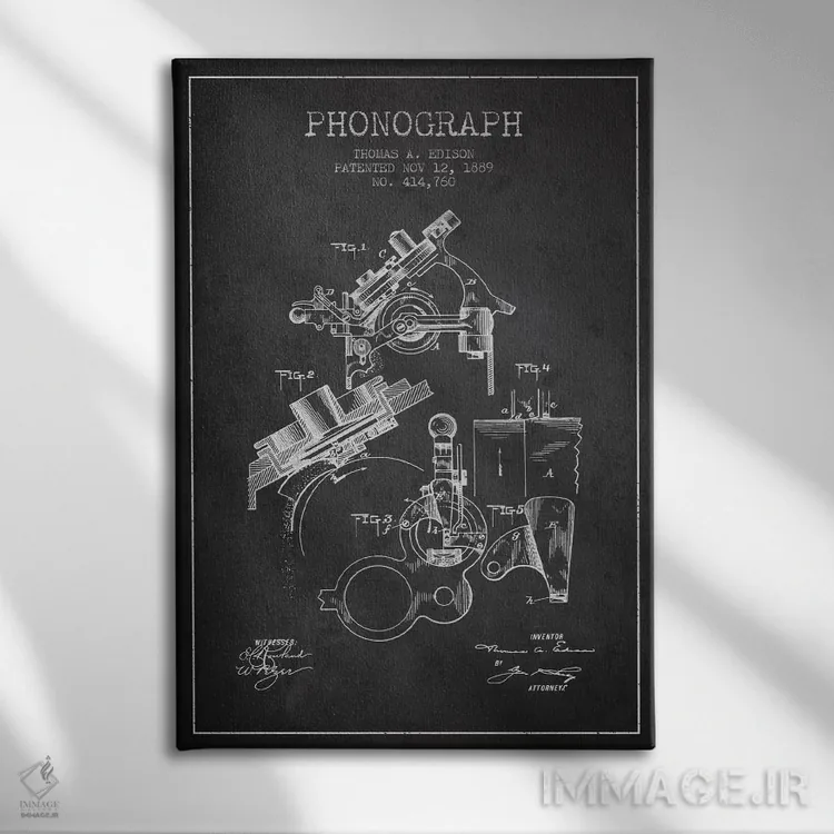 تابلو نقشهٔ اختراع فونوگراف (ذغالی) اثر پیکسل کهنه (استودیو/نام هنری) - نمای روبهرو روی دیوار