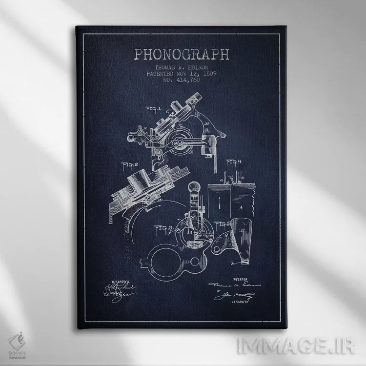 تابلو نقشهٔ اختراع فونوگراف (سرمهای) اثر پیکسل کهنه (استودیو/نام هنری) - نمای روبهرو روی دیوار