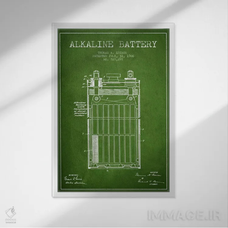 تابلو نقشهٔ اختراع باتری قلیایی (سبز) اثر پیکسل کهنه (استودیو/نام هنری) - نمای قابدار سفید