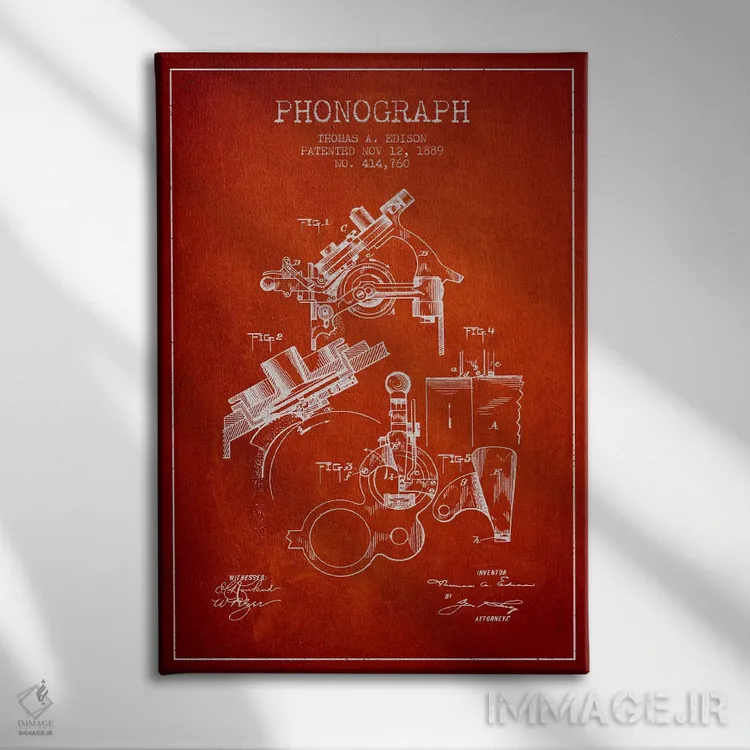 تابلو نقشهٔ اختراع فونوگراف (قرمز) اثر پیکسل کهنه (استودیو/نام هنری) - نمای روبهرو روی دیوار