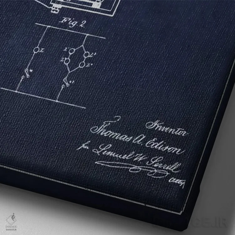 تابلو نقشهٔ اختراع چراغ الکتریکی (سرمهای) اثر پیکسل کهنه (استودیو/نام هنری) - نمای نزدیک بافت بوم