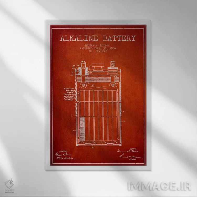 تابلو نقشهٔ اختراع باتری قلیایی (قرمز) اثر پیکسل کهنه (استودیو/نام هنری) - نمای قابدار سفید