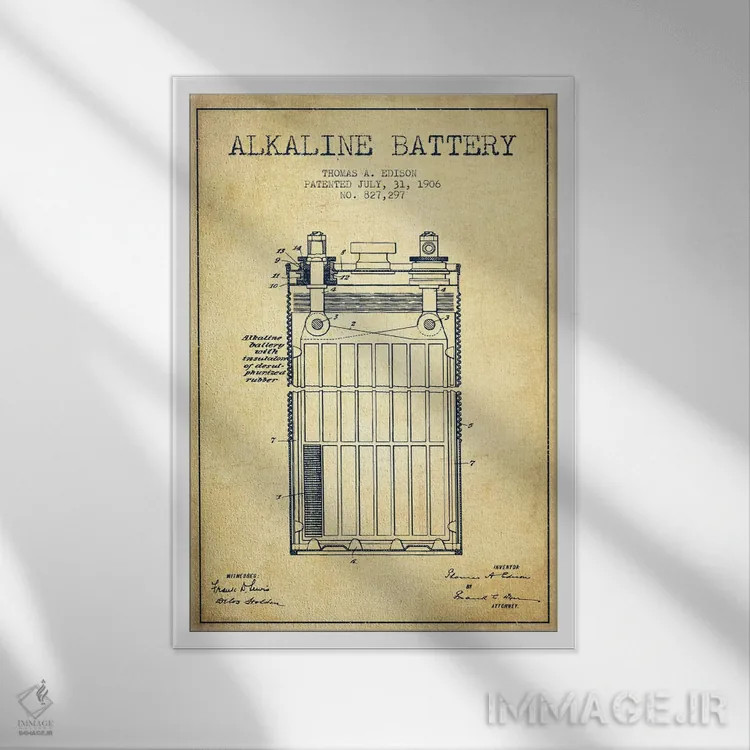 تابلو نقشهٔ اختراع باتری قلیایی (قدیمی) اثر پیکسل کهنه (استودیو/نام هنری) - نمای قابدار سفید