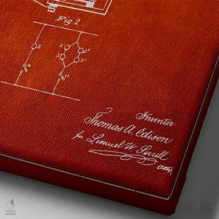 تابلو نقشهٔ اختراع چراغ الکتریکی (قرمز) اثر پیکسل کهنه (استودیو/نام هنری) - نمای نزدیک بافت بوم