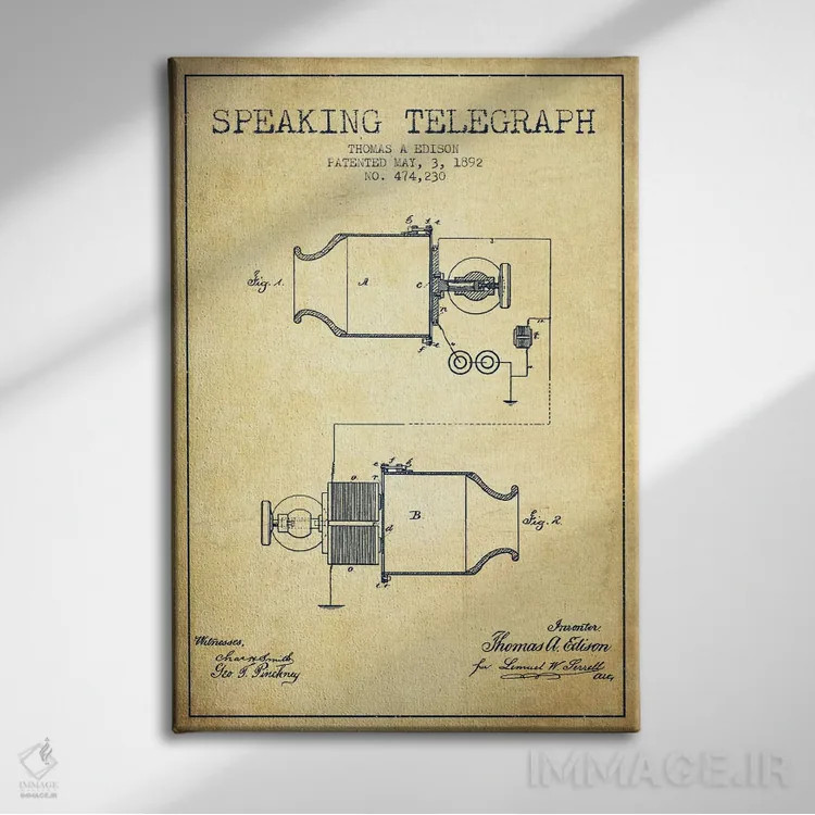 تابلو طرح ثبت اختراع تلفن سخنگو (قدیمی) اثر پیکسل کهنه (استودیو/نام هنری) - نمای روبهرو روی دیوار