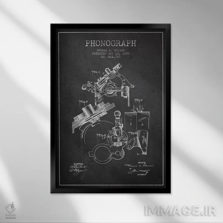 تابلو نقشهٔ اختراع فونوگراف (ذغالی) اثر پیکسل کهنه (استودیو/نام هنری) - نمای قابدار مشکی