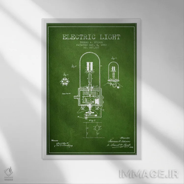 تابلو نقشهٔ اختراع چراغ الکتریکی (سبز) اثر پیکسل کهنه (استودیو/نام هنری) - نمای قابدار سفید