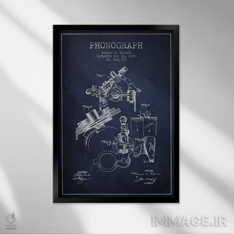 تابلو نقشهٔ اختراع فونوگراف (سرمهای) اثر پیکسل کهنه (استودیو/نام هنری) - نمای قابدار مشکی