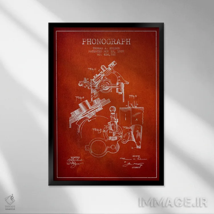 تابلو نقشهٔ اختراع فونوگراف (قرمز) اثر پیکسل کهنه (استودیو/نام هنری) - نمای قابدار مشکی