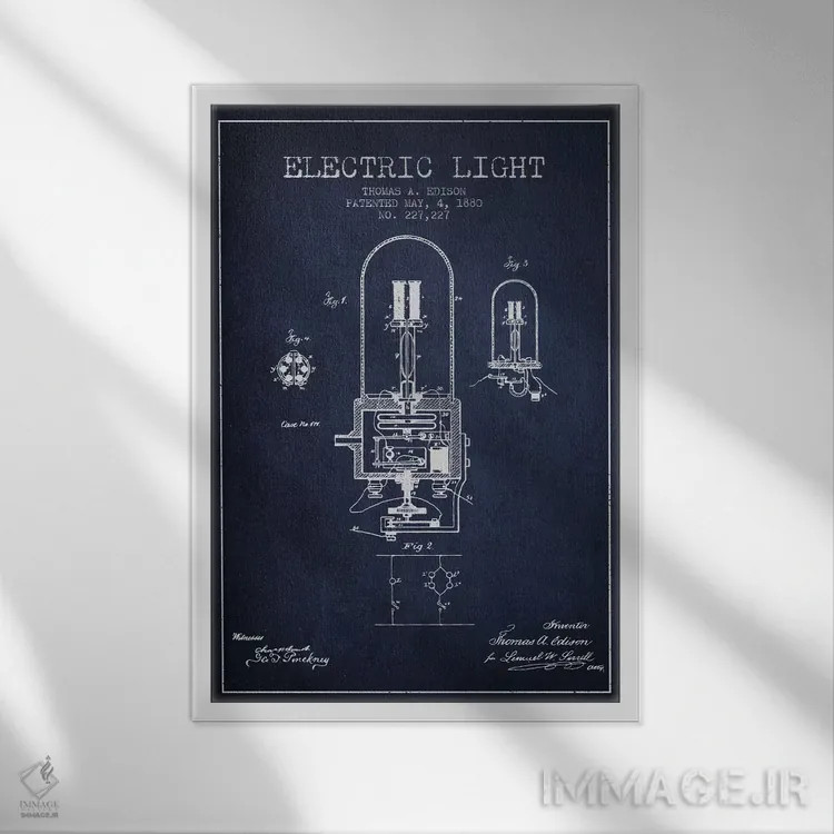 تابلو نقشهٔ اختراع چراغ الکتریکی (سرمهای) اثر پیکسل کهنه (استودیو/نام هنری) - نمای قابدار سفید