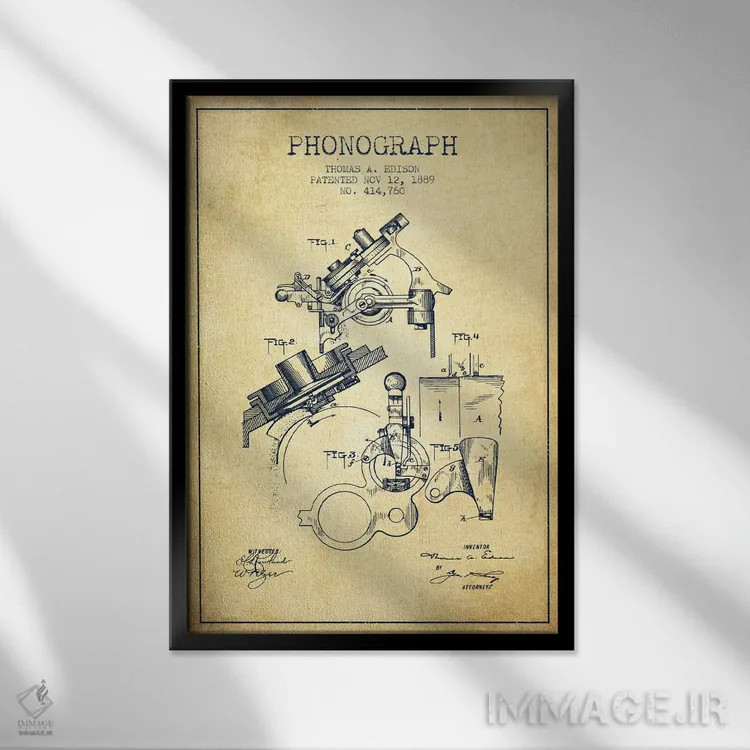 تابلو نقشهٔ اختراع فونوگراف (قدیمی) اثر پیکسل کهنه (استودیو/نام هنری) - نمای قابدار مشکی