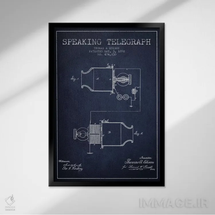 تابلو نقشهٔ اختراع تلفن سخنگو (سرمهای) اثر پیکسل کهنه (استودیو/نام هنری) - نمای قابدار مشکی