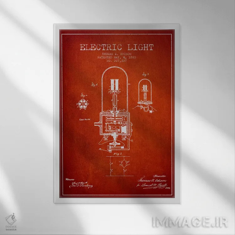 تابلو نقشهٔ اختراع چراغ الکتریکی (قرمز) اثر پیکسل کهنه (استودیو/نام هنری) - نمای قابدار سفید