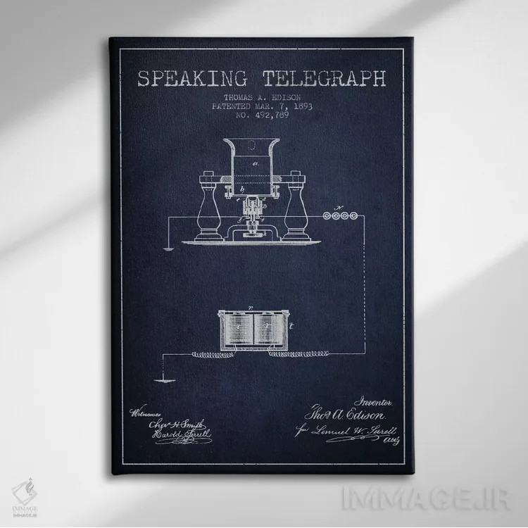 تابلو طرح ثبت اختراع تلفن سخنگو ۲ (آبی نیروی دریایی) اثر پیکسل کهنه (استودیو/نام هنری) - نمای روبهرو روی دیوار