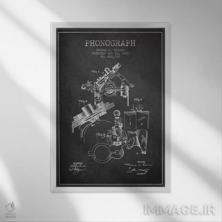 تابلو نقشهٔ اختراع فونوگراف (ذغالی) اثر پیکسل کهنه (استودیو/نام هنری) - نمای قابدار سفید