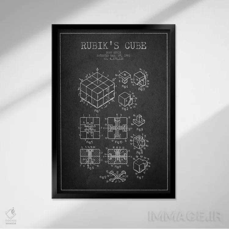 تابلو نقشهٔ اختراع روبیک (تیره) اثر پیکسل کهنه (استودیو/نام هنری) - نمای قابدار مشکی