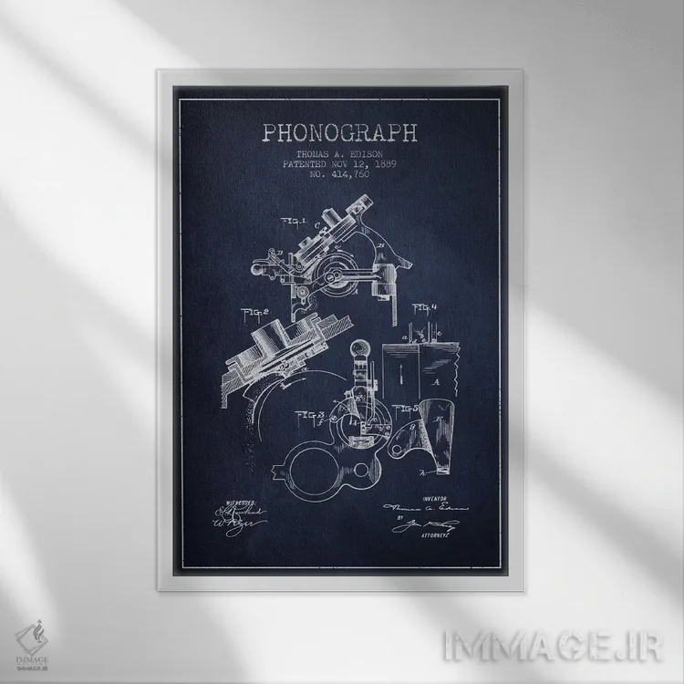 تابلو نقشهٔ اختراع فونوگراف (سرمهای) اثر پیکسل کهنه (استودیو/نام هنری) - نمای قابدار سفید