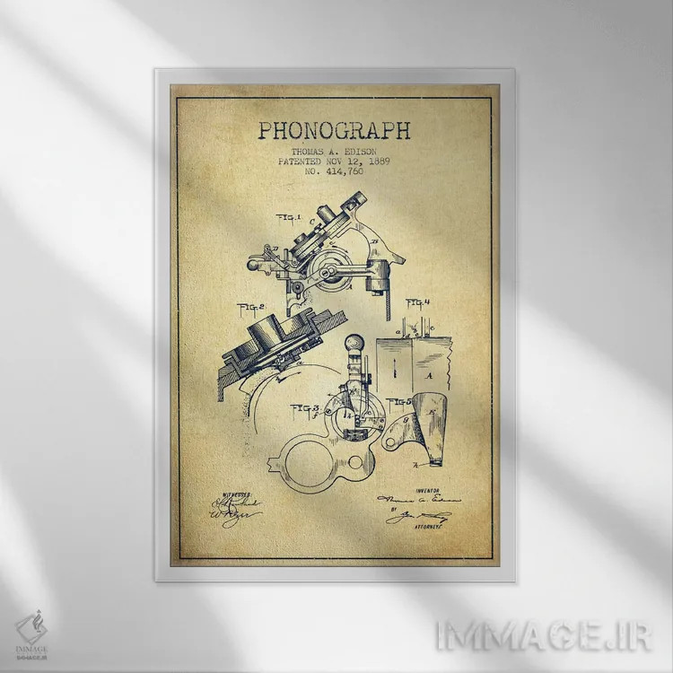 تابلو نقشهٔ اختراع فونوگراف (قدیمی) اثر پیکسل کهنه (استودیو/نام هنری) - نمای قابدار سفید
