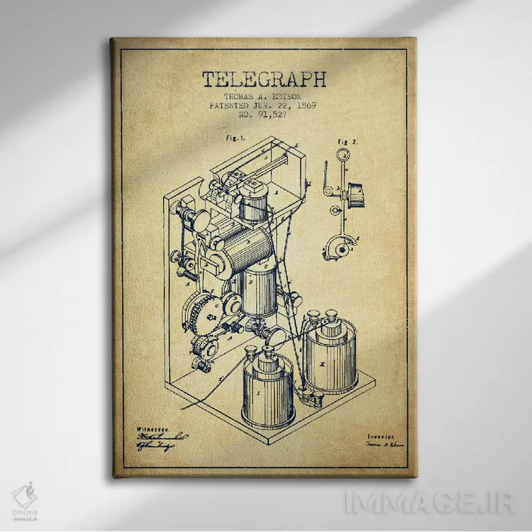 تابلو طرح ثبت اختراع تلگراف (قدیمی) اثر پیکسل کهنه (استودیو/نام هنری) - نمای روبهرو روی دیوار