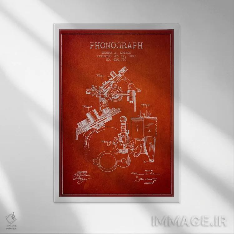 تابلو نقشهٔ اختراع فونوگراف (قرمز) اثر پیکسل کهنه (استودیو/نام هنری) - نمای قابدار سفید