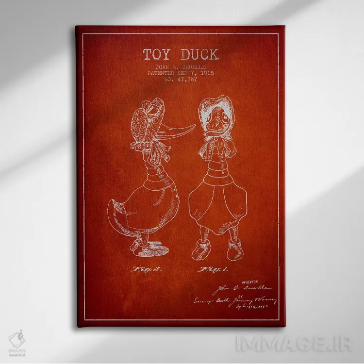 تابلو طرح ثبت اختراع اردک ماده (قرمز) اثر پیکسل کهنه (استودیو/نام هنری) - نمای روبهرو روی دیوار
