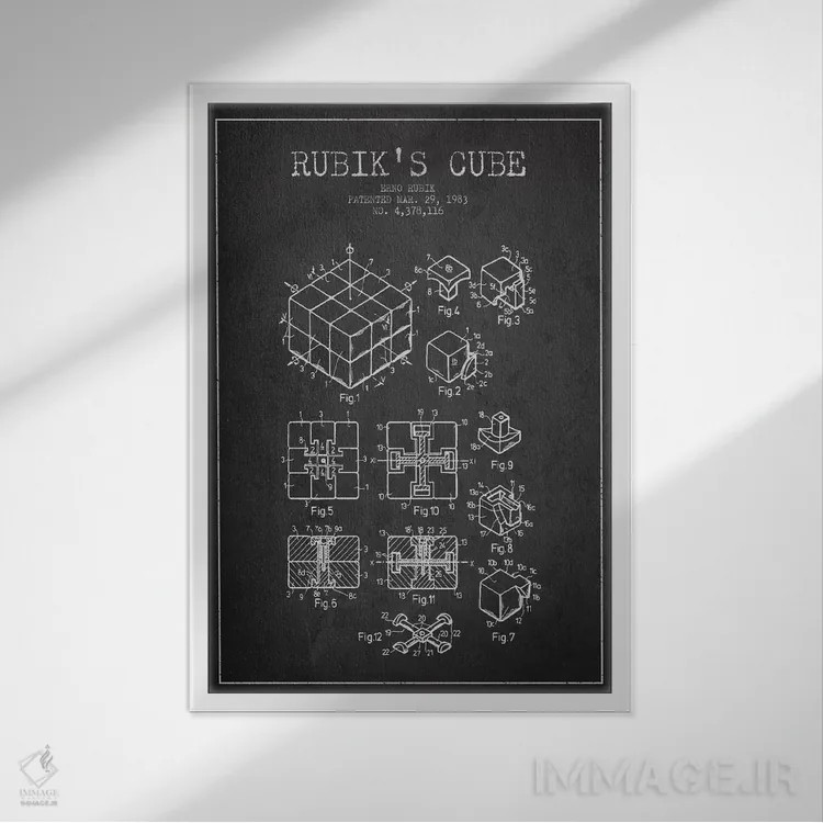 تابلو نقشهٔ اختراع روبیک (تیره) اثر پیکسل کهنه (استودیو/نام هنری) - نمای قابدار سفید