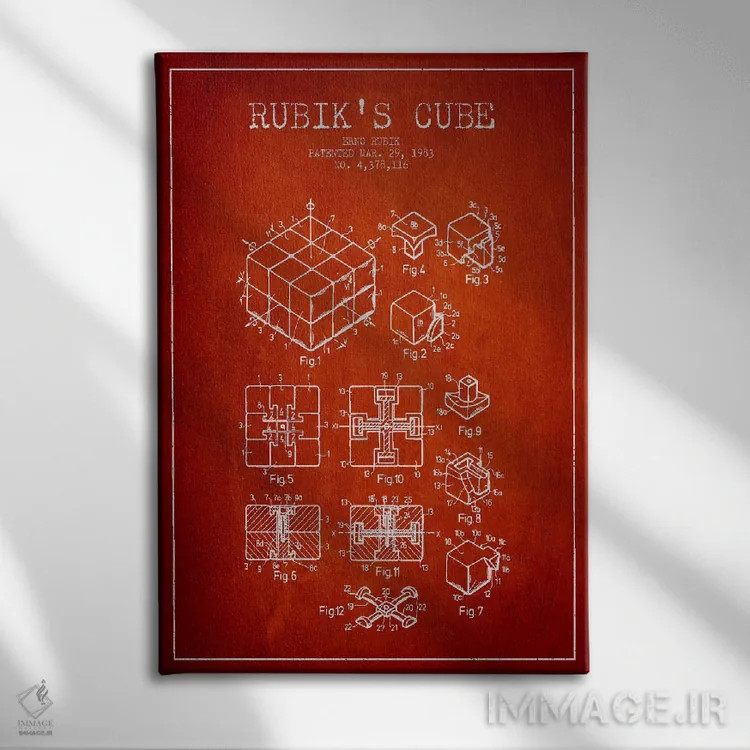 تابلو طرح ثبت اختراع روبیک (قرمز) اثر پیکسل کهنه (استودیو/نام هنری) - نمای روبهرو روی دیوار