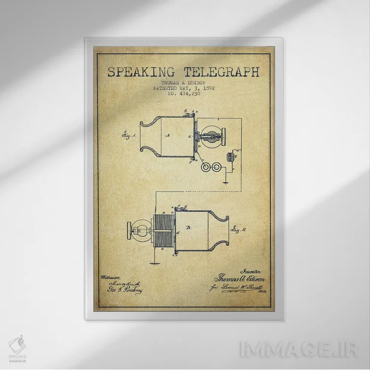تابلو طرح ثبت اختراع تلفن سخنگو (قدیمی) اثر پیکسل کهنه (استودیو/نام هنری) - نمای قابدار سفید