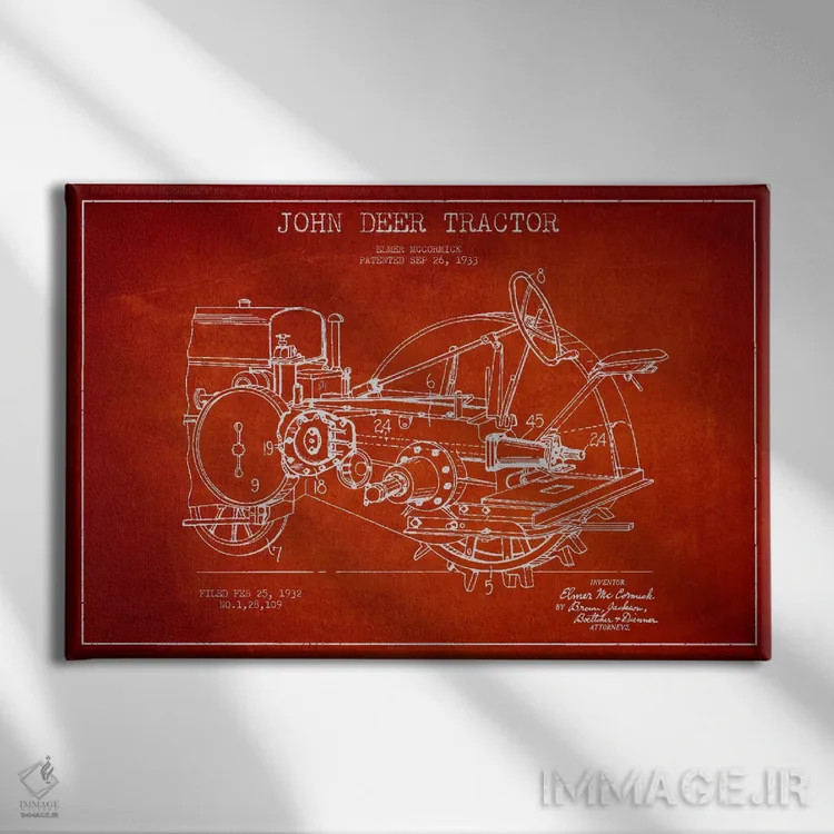 تابلو طرح ثبت اختراع جان دیر (قرمز) اثر پیکسل کهنه (استودیو/نام هنری) - نمای روبهرو روی دیوار