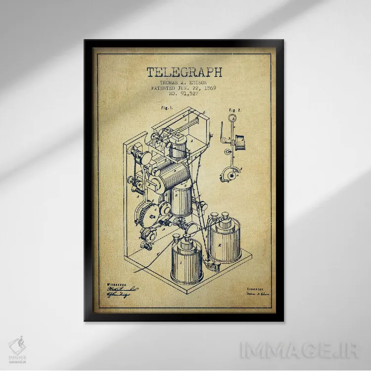 تابلو طرح ثبت اختراع تلگراف (قدیمی) اثر پیکسل کهنه (استودیو/نام هنری) - نمای قابدار مشکی