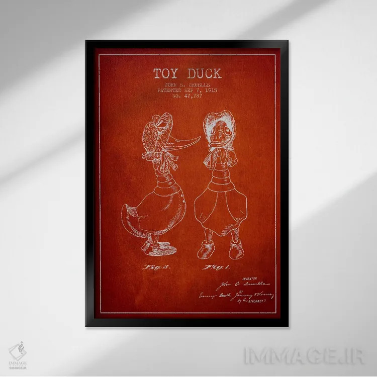 تابلو طرح ثبت اختراع اردک ماده (قرمز) اثر پیکسل کهنه (استودیو/نام هنری) - نمای قابدار مشکی